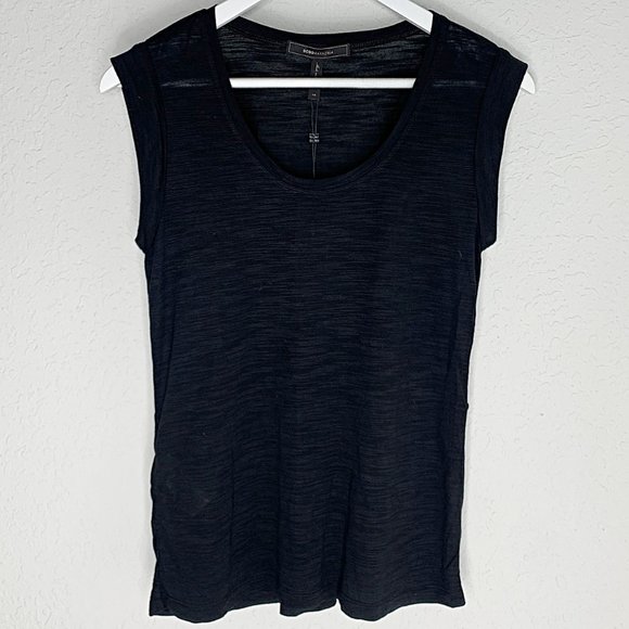 BCBGMAXAZRIA Anabella Pleated Cinch-Back Cap Sleeve Burnout Tee in Black - Picture 3 of 8